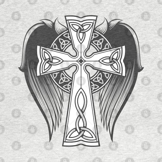 Cross in celtic style with big wings tattoo in engraving style. by devaleta